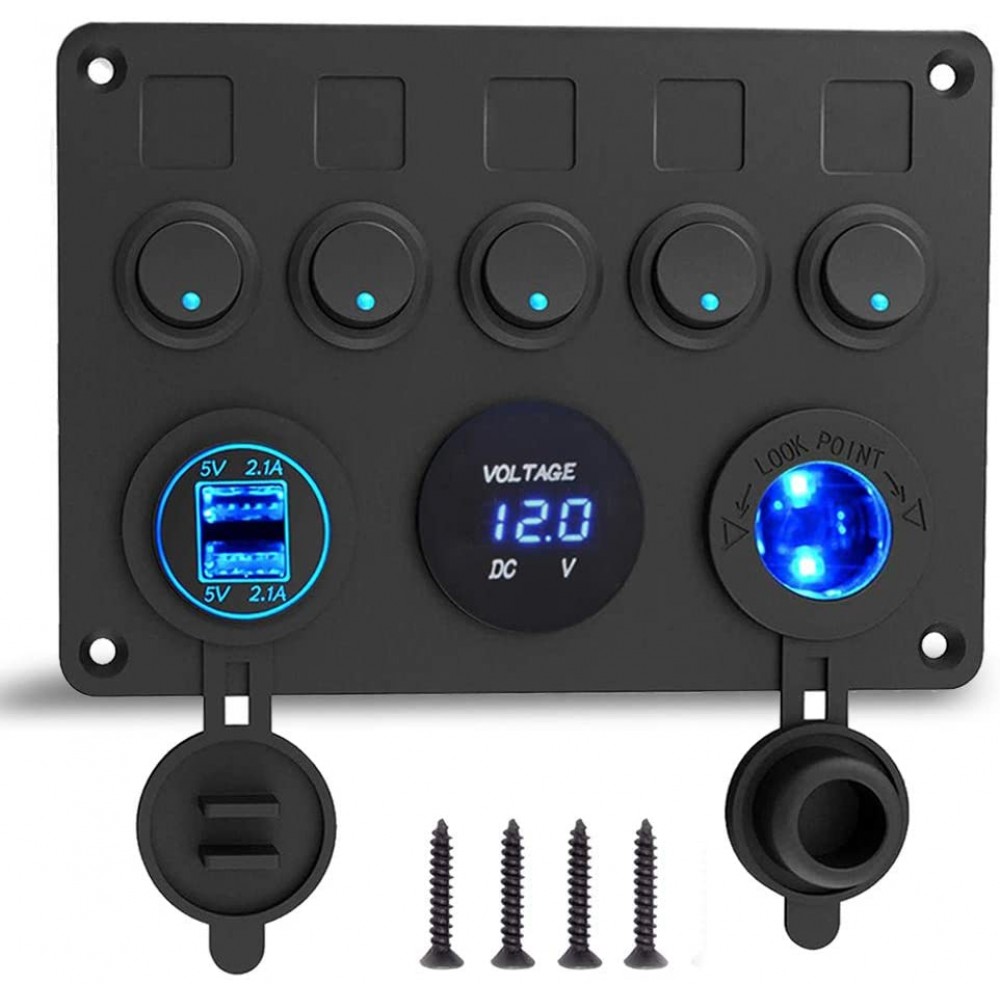 5-fach Schalter Panel mit LED Voltmeter und 12V Steckdose, schwarz